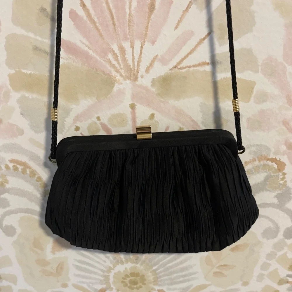 Marshall Field's Vintage Black Satin Pleated Evening Bag Shoulder Clutch Gold